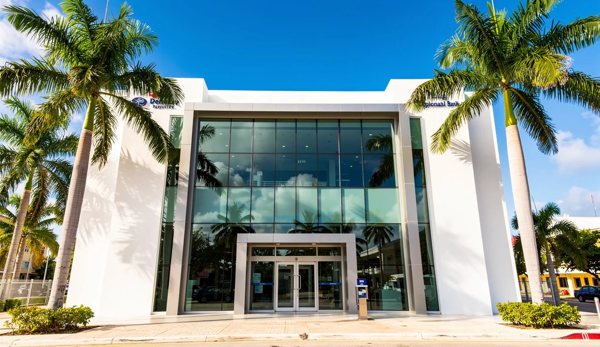 Façade d'une banque internationale licenciée au Belize sous le soleil des Caraïbes