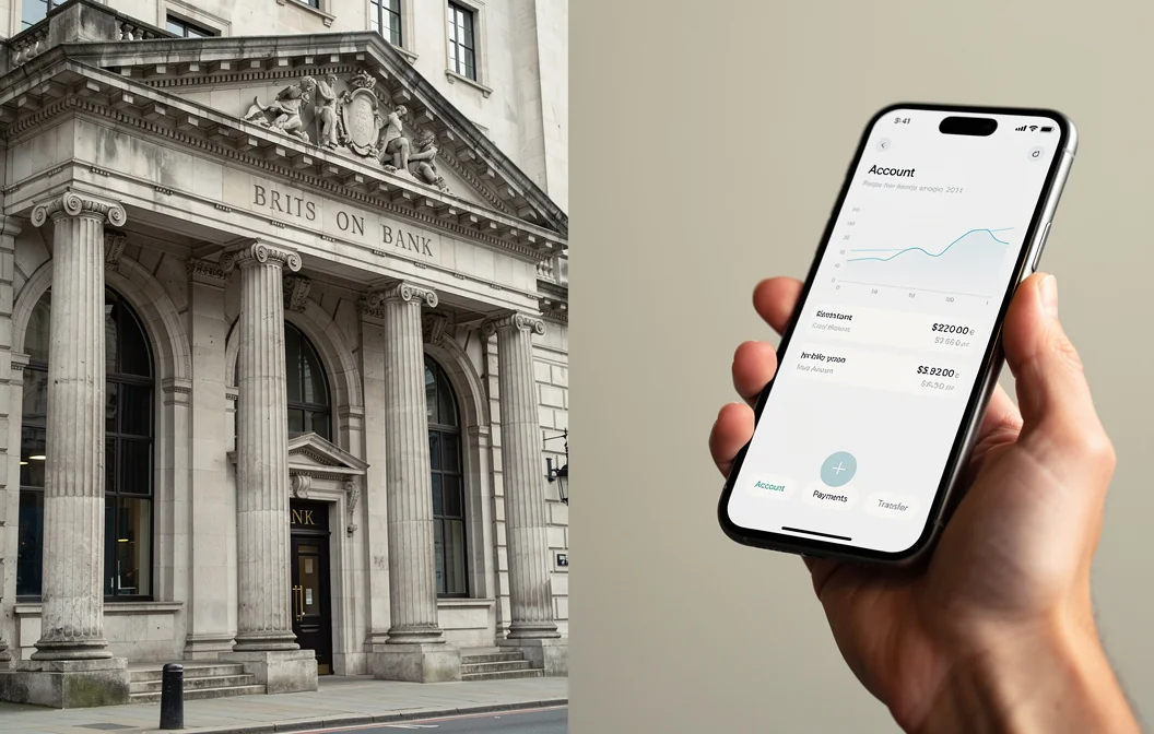 Comparaison entre une agence bancaire traditionnelle et une application de néobanque anglaise