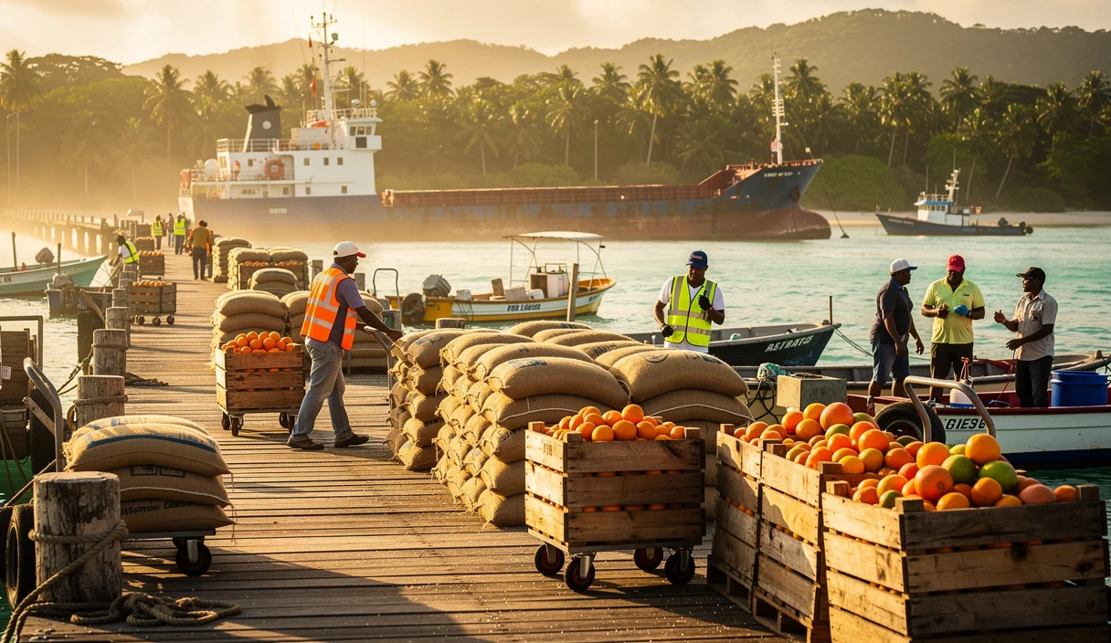 Quai de chargement de sucre et d'agrumes au Belize, illustrant l'économie réelle derrière la place financière
