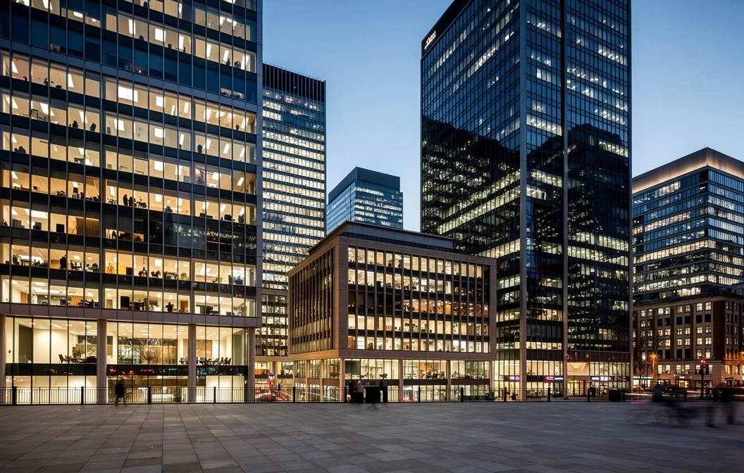 Bureaux et tours du centre d'affaires londonien en fin de journée