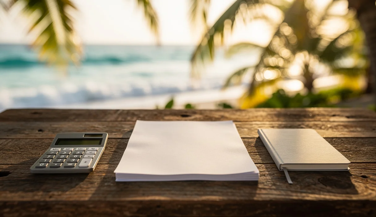Vue d'un bord de mer caraïbe au Belize avec documents fiscaux et calculatrice posés sur un bureau