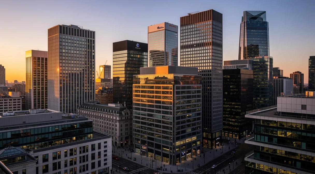 Vue du quartier financier de la City de Londres au crépuscule avec immeubles de bureaux