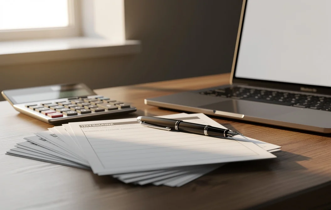 Bureau d'un comptable avec documents fiscaux et calculatrice posés sur une table en bois
